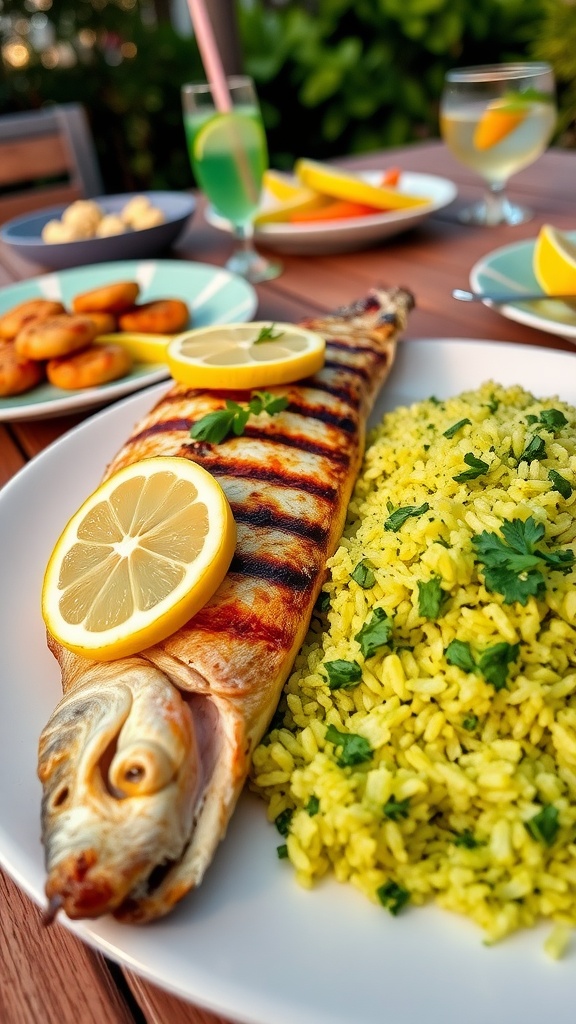 Grilled branzino with lemon and herbs, served with cilantro lime rice on an outdoor dining table.